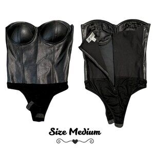 {Say What?} Black Faux Leather Bustier Bodysuit Corset Top | Medium